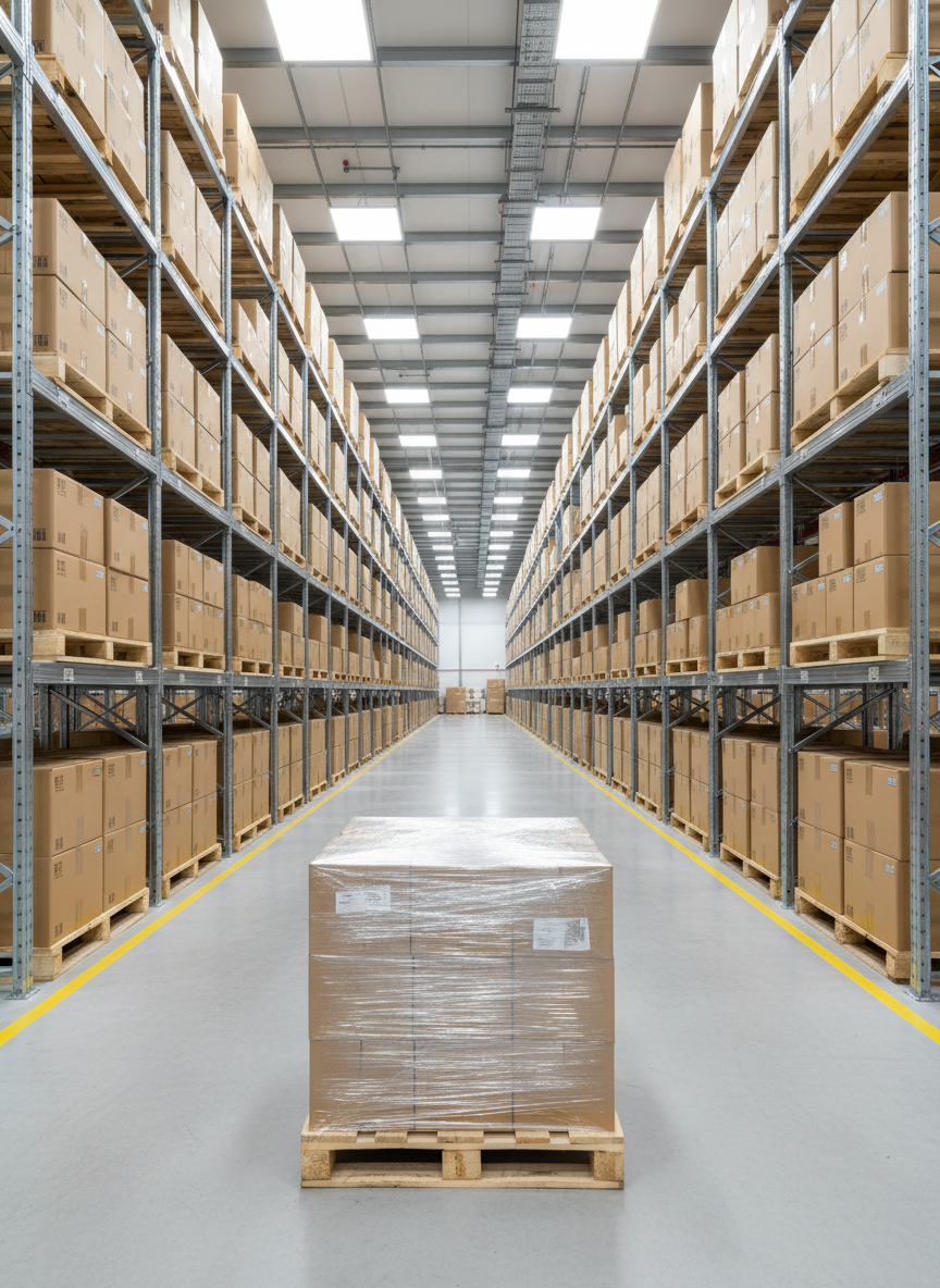 An immaculate warehouse interior dedicated to export preparation, with tall, precisely aligned shelving filled with uniform, unlabeled cardboard cartons and wooden pallets. In the foreground, a sturdy pallet wrapped in clear stretch film sits on a polished concrete floor with faint reflections. Overhead LED lighting provides bright, even illumination, casting crisp yet gentle shadows that emphasize the orderliness of the space. The color palette is neutral grays, warm browns, and touches of industrial yellow from safety markings. Captured from a slightly low, wide-angle viewpoint that looks down a long aisle, the photographic realism and symmetry create a mood of reliability, efficiency, and meticulous organization in international logistics, with no people visible anywhere in the scene.