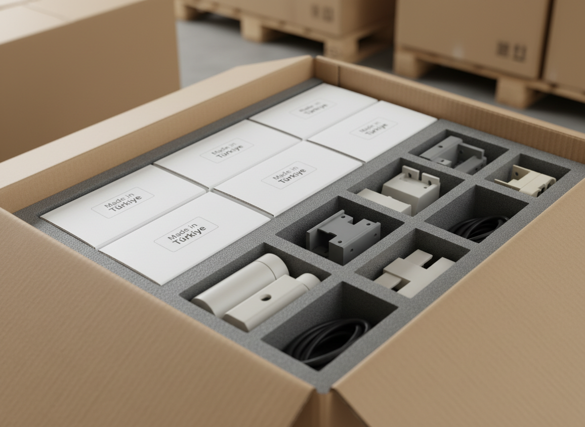 A detailed macro-style image of high-quality Turkish manufactured products prepared for export, such as carefully packed white boxes with discreet “Made in Türkiye” labels, stacked in a sturdy, custom-fit corrugated carton. The box interior is lined with protective foam inserts, precisely cut to cradle generic industrial or consumer components in neutral colors. Overhead softbox lighting creates even, professional illumination, highlighting the textures of cardboard, foam, and smooth product surfaces while casting minimal, soft shadows. The background fades into a gentle blur of additional, orderly cartons. The photographic realism, clean composition, and close-up perspective emphasize quality assurance, attention to detail, and the care taken in preparing Turkish goods for international buyers.