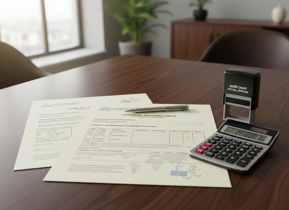 A close-up, high-detail shot of a professional export contract and customs documentation laid out on a dark walnut table, accompanied by a sleek black stamp, a chrome-plated calculator, and a thin, minimalist metal pen. The papers feature crisp typography, neat tables, and subtle watermark-style graphics suggesting global trade, all in Turkish and English without referencing specific brands. Soft window light from the left creates a calm, diffused glow, highlighting the paper’s fine texture and the metallic accents, while the background gently blurs into an abstract office setting. The composition follows the rule of thirds, with a shallow depth of field and photographic realism, conveying precision, trustworthiness, and the formal structure behind international trade operations.