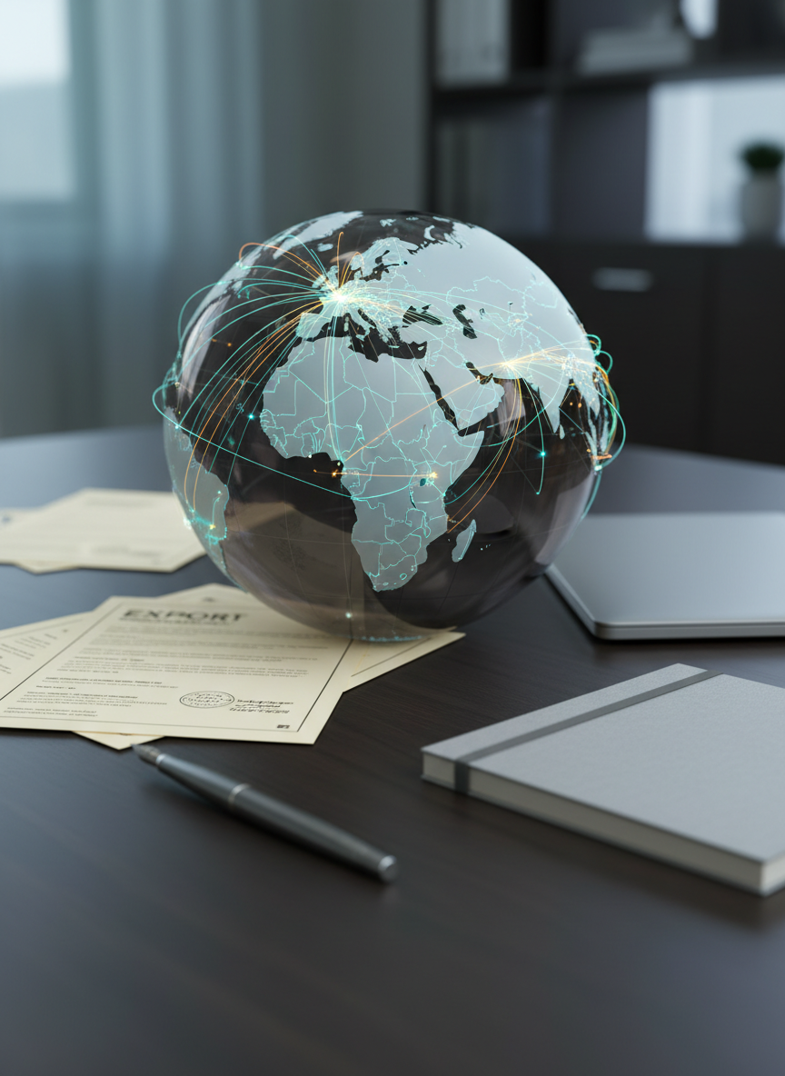 A sophisticated global trade network visualization rendered as a large, semi-transparent 3D globe resting on a dark, matte desk surface, with thin illuminated lines in turquoise and amber connecting major continents. Around the globe lie neatly arranged export documents, a closed silver laptop, a metal fountain pen, and a minimalist notebook, all in neutral, elegant colors. Cool, diffused studio lighting gently highlights the globe’s contours and creates subtle reflections on the metallic objects, while the background falls into a soft, professional blur. Shot at eye level with a shallow depth of field, the photographic style feels clean, modern, and analytical, conveying the strategic, organized nature of connecting Turkish producers with international buyers.