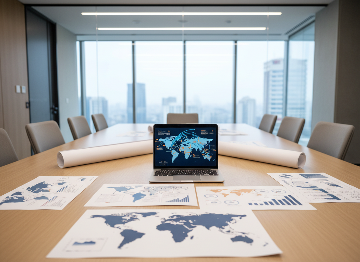 A polished, modern office meeting environment focused on strategic export planning, with a large, light oak conference table covered in neatly arranged printed charts, world maps, and supply chain diagrams. A slim, open laptop displays a stylized map of Türkiye with export routes extending to Europe, the Middle East, and beyond, all in cool blues and muted oranges. A glass wall in the background reveals a blurred city skyline, suggesting an international business hub. Soft, indirect natural light fills the room, creating minimal shadows and a clean, contemporary feel. Captured from a slightly elevated angle with medium depth of field, the photographic realism and balanced, uncluttered composition communicate professionalism, clarity, and forward-looking trade strategy without any human figures.