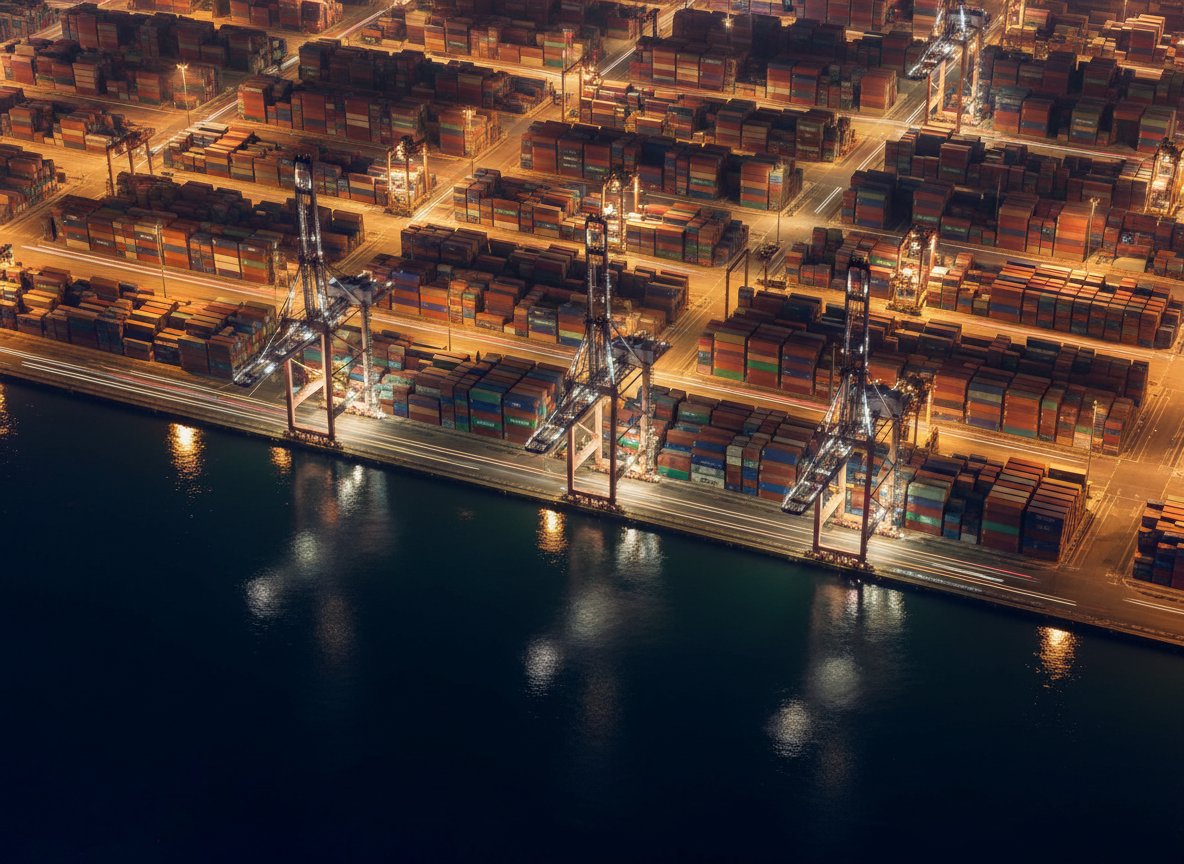 A night-time aerial view of a major cargo port in Türkiye, with rows of illuminated container stacks, cranes, and loading areas forming geometric patterns of color and light. Deep blue water reflects the amber and white port lights, creating shimmering streaks that emphasize movement and scale. The containers appear in varied but muted colors, arranged in precise grids that suggest efficiency and control. The scene is captured in high-resolution photographic realism from a high, slightly diagonal angle, with long-exposure light trails from moving cargo vehicles. The overall mood is dynamic yet controlled, communicating 24/7 global trade operations and the powerful infrastructure supporting Turkish exporters, with no ships or vehicles revealing any brand or human presence.